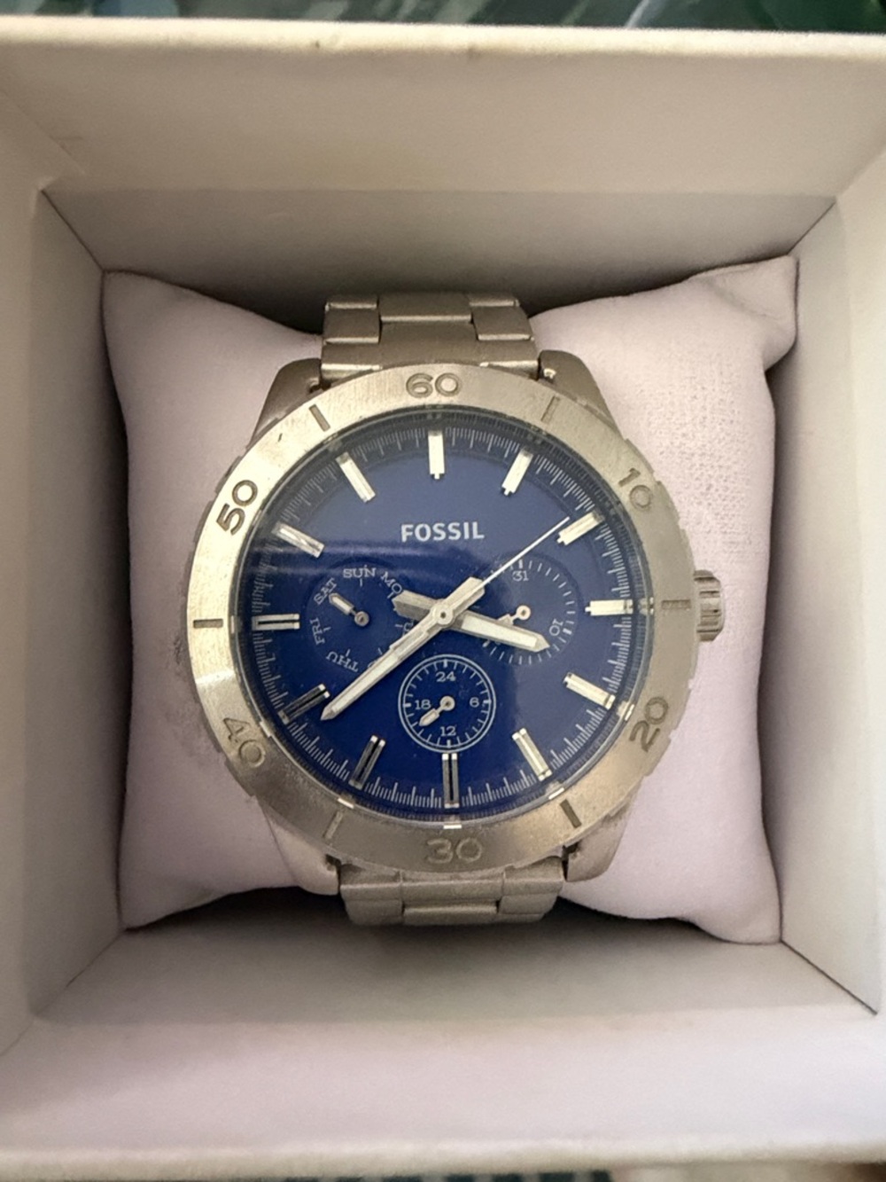 Fossil Silver Stainless Steel Watch with Blue Dial